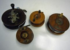 Fishing Tackle - 3x Various Wood and Brass Fishing Reels no maker's name, plus an Alvey Australian