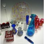 Selection of Various Glassware including a set of 6x Red goblets, vase, glass candlesticks, a Jewish