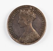 1847 Queen Victoria Gothic Crown Silver Coin the obverse Gothic type bust, the reverse with