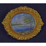 Indian Miniature Painting Brooch depicts Tiruchirapalli Rock Fort and Bridge, appears on Ivory,