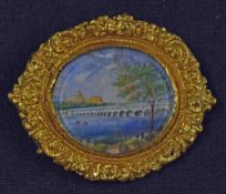 Indian Miniature Painting Brooch depicts Tiruchirapalli Rock Fort and Bridge, appears on Ivory,