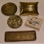 Hindu Brass Pillow Purse together with a Hindu diety brass plaque together with 2x engraved brass