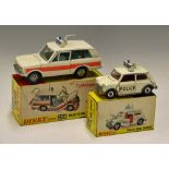 Dinky Toys Diecast Models 254 Police Patrol Range Rover in white with decals, plus a 250 Police Mini