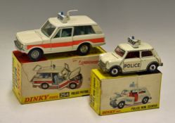 Dinky Toys Diecast Models 254 Police Patrol Range Rover in white with decals, plus a 250 Police Mini