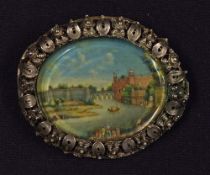 Indian Miniature Painting Brooch depicts a view of the Red Fort in Delhi from Metcalfe's House,