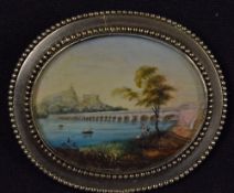 Indian Miniature Painting Brooch depicts Tiruchirapalli Rock Fort and Bridge within beaded styled,