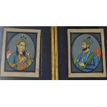 Pair of Mughal Paintings depicts a man and woman both appear with a rose, both framed measure