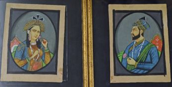 Pair of Mughal Paintings depicts a man and woman both appear with a rose, both framed measure
