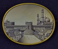 Indian Miniature Painting Brooch depicts a view of a Fort/Temple within gold gilt frame measures