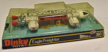 Dinky Toys Diecast Model 360 'Space 1999' Eagle Freighter in white and red, on carded plinth with