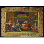 Indian Mughal Painting of Harem colourfully depicts male and females, measures 29x20cm approx.