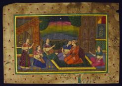 Indian Mughal Painting of Harem colourfully depicts male and females, measures 29x20cm approx.