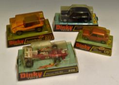 Dinky Toys Diecast Models 226 Ferrari 312/B2 in red, 227 Beach Buggy in yellow, 284 London Taxi