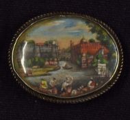 Indian Miniature Painting Brooch depicts a view of the Red Fort in Delhi from Metcalfe's House,