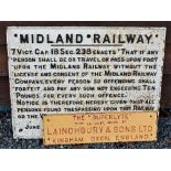 Midland Railway - 'Trespassing' Cast Iron Sign dated June 1893 - 'If any person shall be or travel
