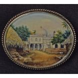 Indian Miniature Painting Brooch depicts a Mosque/Bungalow in Village within white metal frame,