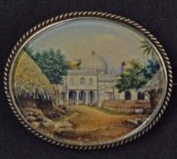 Indian Miniature Painting Brooch depicts a Mosque/Bungalow in Village within white metal frame,