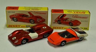 Dinky Toys Diecast Models 202 Fiat Abarth 2000 in orange and white plus a 204 Ferrari 312P in red,