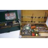 Fishing Tackle - 2x Wooden Tackle Boxes filled with floats, hooks, spinners, and other