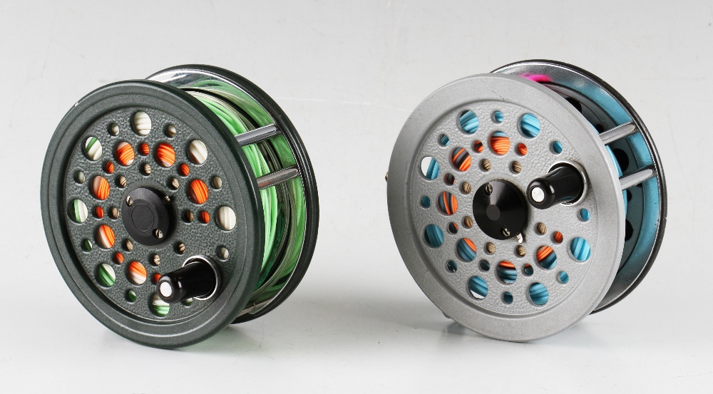 2x Shakespeare alloy salmon fly reels and lines - green Condex 4.25" dia with matching alloy foot