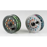 2x Shakespeare alloy salmon fly reels and lines - green Condex 4.25" dia with matching alloy foot