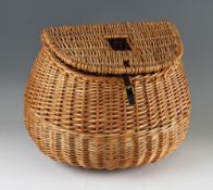 Large Pot- bellied English wicker creel: with slot to lid, canvas shoulder strap and leather lid
