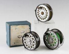 3x C Farlow & Co Ltd alloy fly reels - The Cobra 3.5" Wide Drum with chrome line guide (L&RHW);