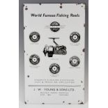 J.W Young & Sons Ltd enamel advertising fishing reel display sign - featuring the makers circular