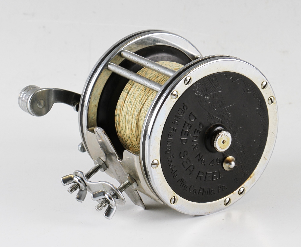 Penn No 49 Deep Sea Fishing Reel with a chrome plated frame, bakelite end plates bound by inner - Image 2 of 2