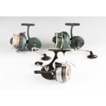 Early French Spinning Reels: 2x Pezon et Michel Luxor reels in green, one with a folding arm; and