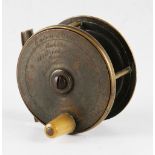 Interesting Eaton & Deller brass salmon reel - 3.25" dia and engraved with makers details, and 6&7