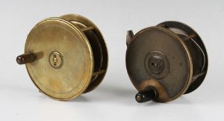 2x Early Brass Plate Wind Salmon Fly Reels - 4.5" with horn handle (small ding to one rim and