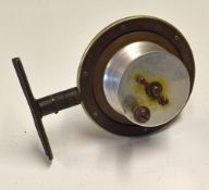 Interesting alloy brass and ebonite Perth style side casting reel - 3.5"dia back plate with nickel