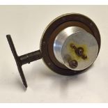 Interesting alloy brass and ebonite Perth style side casting reel - 3.5"dia back plate with nickel