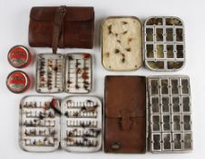 Collection of fly boxes, tins, leather wallet and flies (6) - pigskin leather fly wallet with both