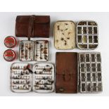 Collection of fly boxes, tins, leather wallet and flies (6) - pigskin leather fly wallet with both