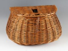 Large Pot- bellied English wicker creel: with slot to lid, canvass shoulder strap and leather lid