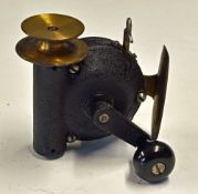 Allcocks Stanley style friction drive thread line reel - black cast with brass spool reel stamped