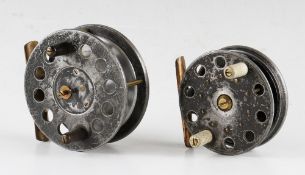 2x similar style black alloy trout fly reels - 3.5"with Slater latch c/w hour glass brass foot;