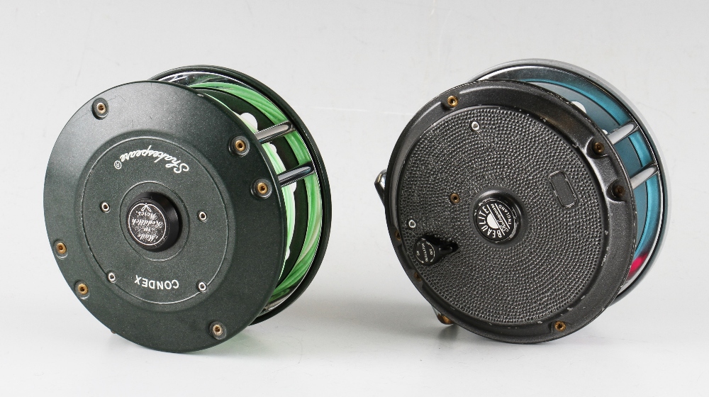 2x Shakespeare alloy salmon fly reels and lines - green Condex 4.25" dia with matching alloy foot - Image 2 of 2