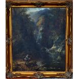 Original Fishing Oil Painting: large oil on canvas of an Edwardian Angler at Swallow Falls Bettws-