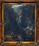 Original Fishing Oil Painting: large oil on canvas of an Edwardian Angler at Swallow Falls Bettws-