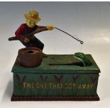 Fisherman's Automated Cast Iron Money Box-"the one that got away" place your money in the fish's,