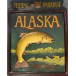 Alaska - Fishing Advertising Wooden Decorative Display Sign - with a leaping Salmon - with makers
