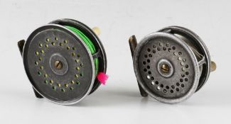 2x C Farlow & Co Ltd Perfect style trout narrow drum fly reels - 3.5" dia and 3 1/16" dia both