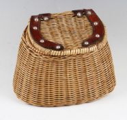 Leather bound wicker small fishing creel - with leather hinges, and decorative leather binding to