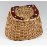 Leather bound wicker small fishing creel - with leather hinges, and decorative leather binding to