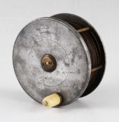 Scarce and early Hardy The Field large alloy wide drum salmon fly reel c.1900 : 4.5" dia, brass