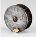 Scarce and early Hardy The Field large alloy wide drum salmon fly reel c.1900 : 4.5" dia, brass