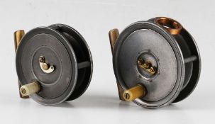 2x Interesting Dingley Alloy trout fly reels - W.H. Dingley stamped 3" dia with pillared drum